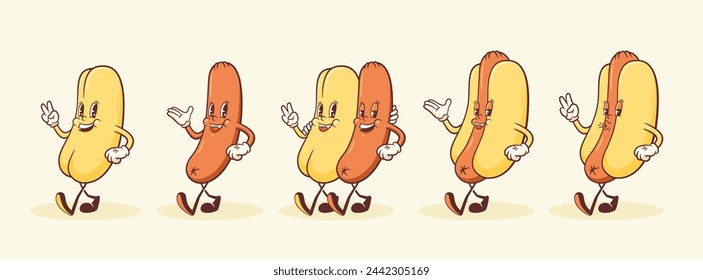 Groovy Hotdog Retro Characters Set. Cartoon Sausage and Bun Walking Smiling Vector Food Mascot Collection. Happy Vintage Cool Fast Food Illustrations. Isolated