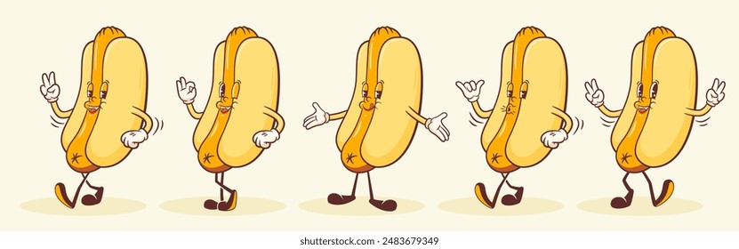 Juego de caracteres retro Groovy Hotdog. Colección de mascota de comida de Vector sonriente de salchichas y bollos de dibujos animados. Feliz Antiguas Ilustraciones de comida rápida. Aislado