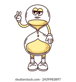 Groovy hourglass cartoon character with V fingers. Funny retro sandglass with sand, teeth and weird face expression, time flow mascot. Cartoon hourglass sticker of 70s 80s style vector illustration