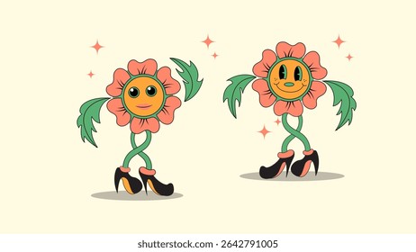 Groovy houseplants and flowers cartoon characters, Two anthropomorphic flowers with cheerful faces, leafy arms, and high heels stand. Cartoon-style, perfect for spring fashion or party-themed designs.