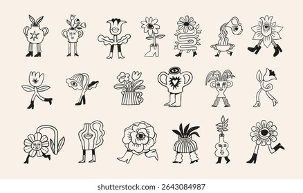 Groovy plantas domésticas e flores personagens de desenhos animados. Engraçados rabiscos de vasos de flores para caminhar e dançar, vasos e vasos de plantas. Ilustrações surrealistas brincalhonas. Design moderno vetorial em negrito linear.
