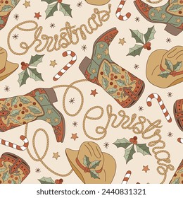 Groovy Howdy Christmas cowboy accessories hat boots ornated with holly berry plant vector seamless pattern. Hand drawn retro Xmas December 31 holiday season wild west aesthetic background. Perfect for