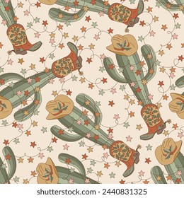 Groovy Howdy Christmas cowboy cactus in hat and boots with Xmas decor vector seamless pattern. Hand drawn retro Xmas December 31 holiday season wild west aesthetic background. Perfect for gifts