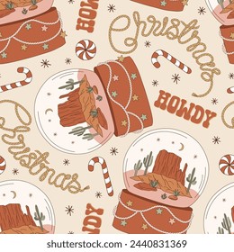 Groovy Howdy Christmas glass snow globe with desert landscape vector seamless pattern. Hand drawn retro Xmas December 31 holiday season wild west aesthetic background. Perfect for gifts wrapping paper