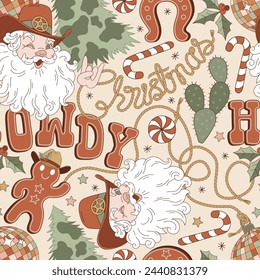 Groovy Howdy Christmas rodeo disco Santa Claus gingerbread in cowboy hat vector seamless pattern. Hand drawn retro Xmas December 31 holiday season wild west aesthetic background. Perfect for gifts