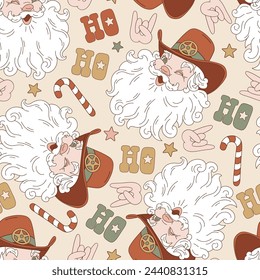 Groovy Howdy Christmas Santa Claus in cowboy hat vector seamless pattern. Hand drawn retro Xmas December 31 holiday season wild west aesthetic background. Perfect for gifts wrapping paper, greeting