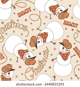 Groovy Howdy Christmas snowman cowboy in hat and bandana vector seamless pattern. Hand drawn retro Xmas December 31 holiday season wild west aesthetic background. Perfect for gifts wrapping paper