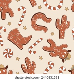 Groovy Howdy Dulces de Navidad botas de vaquero de pan de jengibre suertudo caballo zapato cactus forma vector patrón sin fisuras. Dibujado a mano retro Navidad 31 de diciembre temporada de vacaciones salvaje oeste fondo estético. Perfecto