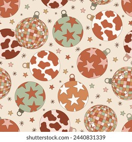 Groovy Howdy Christmas tree balls ornated with stars cow spots and disco ball shape vector seamless pattern. Hand drawn retro Xmas December 31 holiday season wild west aesthetic background. Perfect