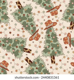 Groovy Howdy Christmas tree in cowboy hat with cow spotted trunk vector seamless pattern. Hand drawn retro Xmas December 31 holiday season wild west aesthetic background. Perfect for gifts wrapping