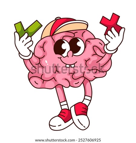 Groovy human brain cartoon character holding tick and cross to choose correct answer. Funny retro pink brain offering options. Brainstorm mascot, cartoon sticker of 70s 80s style vector illustration