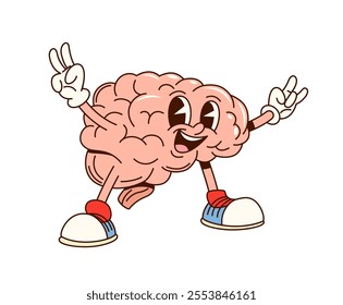 Groovy human brain character. Cartoon vector happy anatomy medicine retro personage making peace signs with cheerful expression, embodies creativity, intelligence, and positive energy, intellect, idea