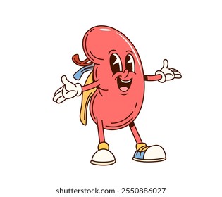 Groovy human kidney character. Isolated cartoon vector anatomical positive retro personage, internal body organ with smiling face. Medical education for kids, fun anatomy science, renal health care