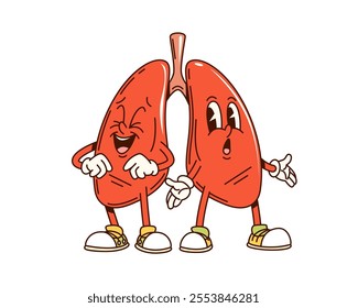 Groovy human lungs characters with expressive faces, showcasing lighthearted emotions, and wearing sneakers. Cartoon vector organ retro personages for healthcare, respiratory awareness or education