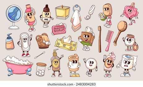 Estupendo conjunto de personajes de dibujos animados y pegatinas de higiene. Divertidos productos de belleza retro para el cuidado de la piel y el cabello y herramientas de higiene, mascotas de dibujos animados y personajes colección de estilo de los años 70 y 80 Ilustración vectorial