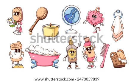 Groovy hygiene cartoon characters and stickers set. Funny retro bath brush and bathtub, shower gel bottle and towel, cartoon bathroom hygiene mascots collection of 70s 80s style vector illustration