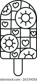groovy ice cream, groovy boho popsicle in line style. Colorful ice cream pop with sun and heart patterns.