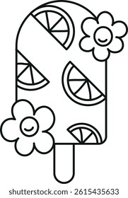 groovy ice cream, groovy boho popsicle in line style. Colorful ice cream pop with lemon slices and pink flowers design.