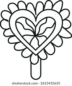 groovy ice cream, groovy boho popsicle in line style. Colorful heart-shaped flower illustration on a lollipop stick.