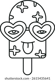 groovy ice cream, groovy boho popsicle in line style. Playful ice cream pop with heart-shaped glasses and a tongue out.