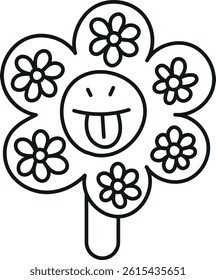 groovy ice cream, groovy boho popsicle in line style. Playful flower design with a smiling face and colorful petals.