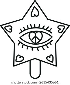 groovy ice cream, groovy boho popsicle in line style. Colorful star-shaped wand with an eye and hearts design.