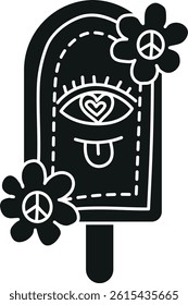 groovy ice cream, groovy boho popsicle in doodle glyph style. Playful ice cream pop with eye and flowers design.