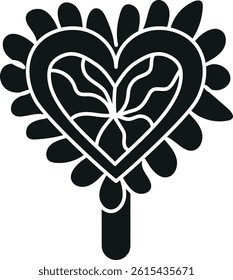 groovy ice cream, groovy boho popsicle in doodle glyph style. Colorful heart-shaped flower illustration on a lollipop stick.