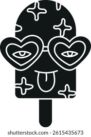 groovy ice cream, groovy boho popsicle in doodle glyph style. Playful ice cream pop with heart-shaped glasses and a tongue out.