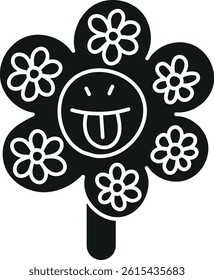 groovy ice cream, groovy boho popsicle in doodle glyph style. Playful flower design with a smiling face and colorful petals.