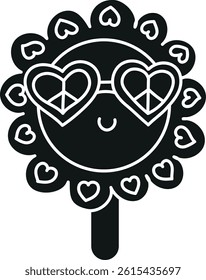 groovy ice cream, groovy boho popsicle in doodle glyph style. Cheerful flower character with heart-shaped sunglasses and a stick.
