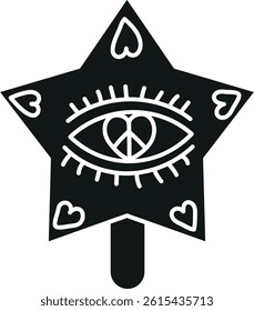 groovy ice cream, groovy boho popsicle in doodle glyph style. Colorful star-shaped wand with an eye and hearts design.
