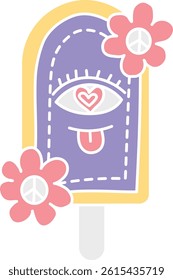 groovy ice cream, groovy boho popsicle in doodle flat color style. Playful ice cream pop with eye and flowers design.