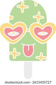 groovy ice cream, groovy boho popsicle in doodle flat color style. Playful ice cream pop with heart-shaped glasses and a tongue out.