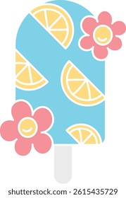 groovy ice cream, groovy boho popsicle in doodle flat color style. Colorful ice cream pop with lemon slices and pink flowers design.