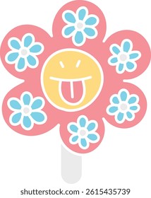groovy ice cream, groovy boho popsicle in doodle flat color style. Playful flower design with a smiling face and colorful petals.