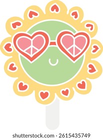 groovy ice cream, groovy boho popsicle in doodle flat color style. Cheerful flower character with heart-shaped sunglasses and a stick.