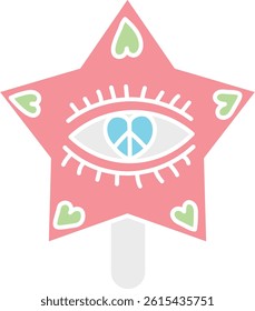 groovy ice cream, groovy boho popsicle in doodle flat color style. Colorful star-shaped wand with an eye and hearts design.
