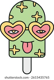 groovy ice cream, groovy boho popsicle in doodle color line style. Playful ice cream pop with heart-shaped glasses and a tongue out.