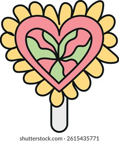 groovy ice cream, groovy boho popsicle in doodle color line style. Colorful heart-shaped flower illustration on a lollipop stick.