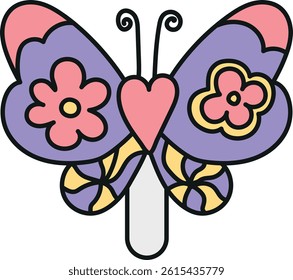 groovy ice cream, groovy boho popsicle in doodle color line style. Colorful butterfly illustration with floral patterns and vibrant colors.