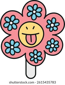 groovy ice cream, groovy boho popsicle in doodle color line style. Playful flower design with a smiling face and colorful petals.
