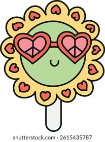 groovy ice cream, groovy boho popsicle in doodle color line style. Cheerful flower character with heart-shaped sunglasses and a stick.