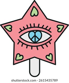 groovy ice cream, groovy boho popsicle in doodle color line style. Colorful star-shaped wand with an eye and hearts design.