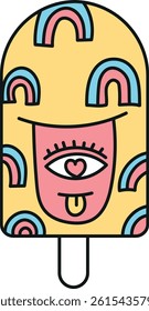 groovy ice cream, groovy boho popsicle in doodle color line style. Playful ice cream design with rainbow patterns and a whimsical face.