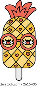 groovy ice cream, groovy boho popsicle in doodle color line style. Pineapple popsicle with glasses and hearts design.