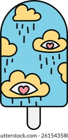 groovy ice cream, groovy boho popsicle in doodle color line style. Whimsical ice cream with clouds and eyes, conveying emotions.
