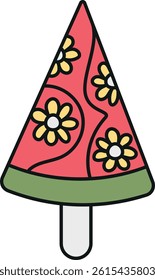groovy ice cream, groovy boho popsicle in doodle color line style. Colorful ice cream watermelon with floral design on a stick.