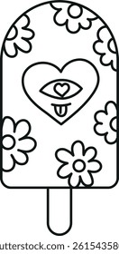 groovy ice cream, groovy boho popsicle in line style. Colorful ice cream pop with floral and heart designs.