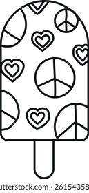 groovy ice cream, groovy boho popsicle in line style. Colorful ice cream pop with peace and heart patterns.